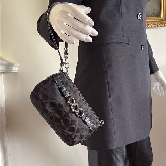 Coach Signature Monogram Black Cloth & Leather Wristlet - Picture 3 of 12